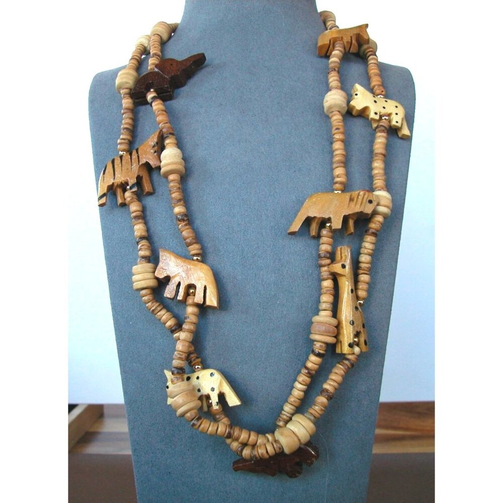 Handcrafted African Animal Beaded Necklace 24" Wood Carvings Elephant Giraffe